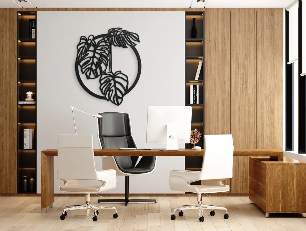 drevko Okrúhly drevený obraz Monstera deliciosa Rozmer obrazu: 38,5 x 32,5 cm, Farba dekorácie: Čierna