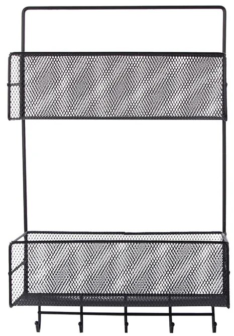 VERK GROUP Dvojposchodová závesná kovová polica do kúpeľne s 5 háčikmi, čierny ARGO