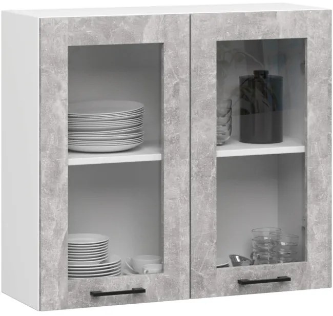 Rohová kuchynská linka OLIVIA H720 3 m s vitrínou betón