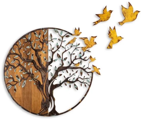 Nástenná dekorácia 92x71 cm strom a vtáci drevo/kov