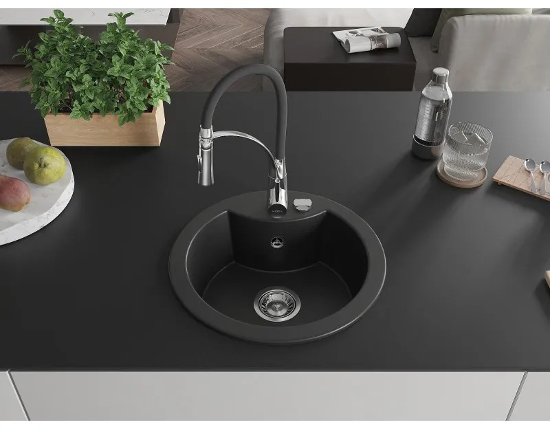 Mexen Diego, 1-komorový granitový drez 488x488x167 mm a drezová batéria Aster, čierna, 6512-77-73450-07