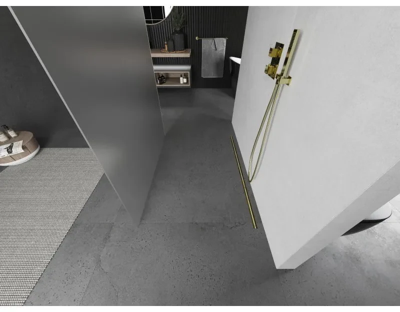 Mexen Kioto, sprchová zástena Walk-In 130 x 200 cm, 8mm sklo námraza, zlatý matný profil, 800-130-002-55-30