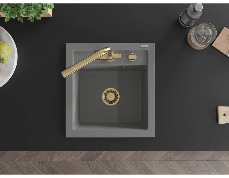 Mexen Vito, 1-komorový granitový drez 520x490x210 mm, zlatá batéria Duero, šedá, 6503-71-671600-50