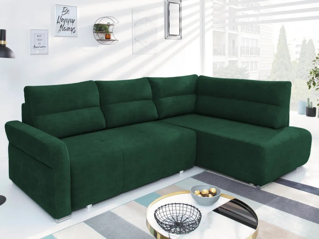 Rohová sedačka na trvalé spanie Island, tmavo zelená látka, pravý roh