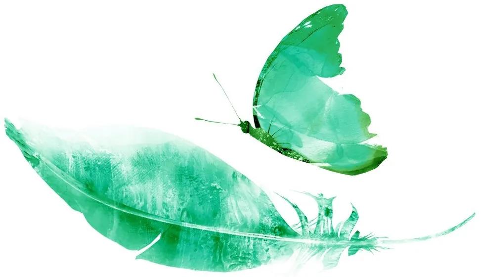 Samolepiaca tapeta pierko s motýľom v zelenom prevedení - 225x150