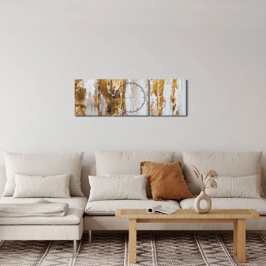 Obraz - Abstrakcia so zlatou (s hodinami) (90x30 cm)