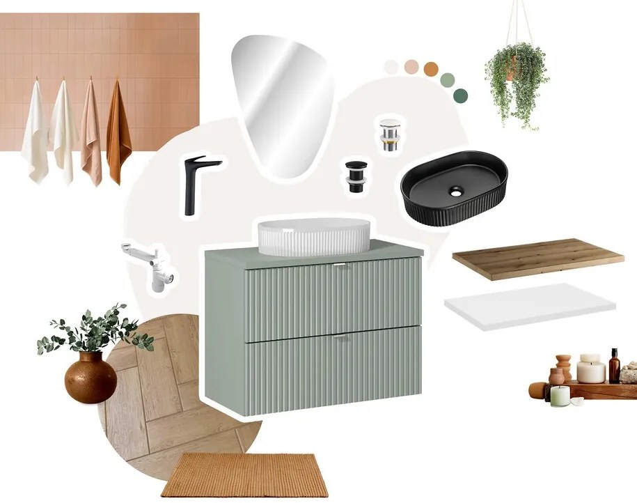 Závěsná skříňka Line Reed Green Gaja s deskou a umyvadlem 50 cm zelená/dub evoke