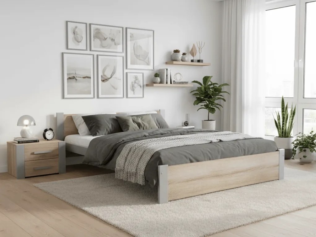 Posteľ IKAROS 160 x 200 cm, dub sonoma/sivá Rošt: S lamelovým roštom, Matrac: Matrac DELUXE 10 cm