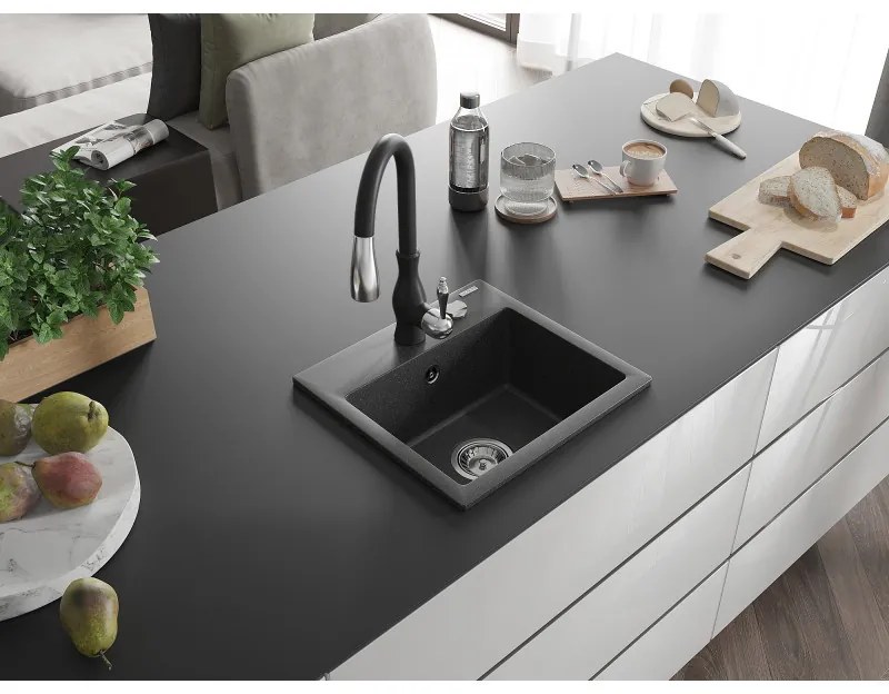 Mexen Milo, 1-komorový granitový drez 435x410x171 mm a drezová batéria Savita, čierna škvrtnitá, 6505-76-672601-70