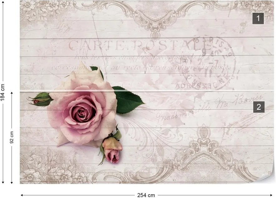 GLIX Fototapeta - Pink Rose Vintage Design White Wood Texture Vliesová tapeta  - 254x184 cm