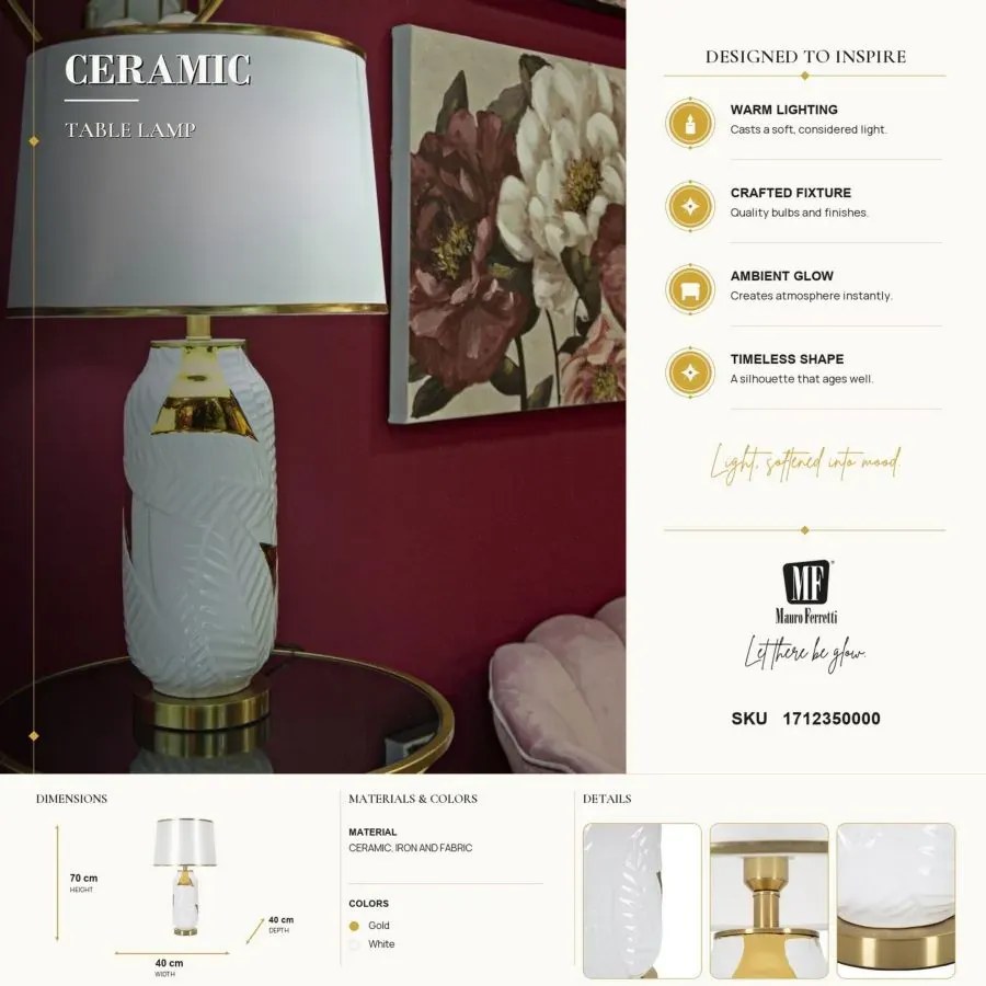 Stolná lampa keramická 70 cm bielo-zlatá