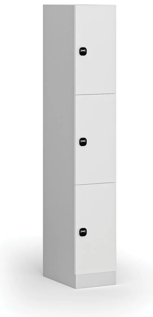 Šatníková skrinka S1 s úložnými boxmi, 3 boxy, 1850 x 300 x 500 mm, zámok s čítačkou RFID kariet, laminované dvere, biela