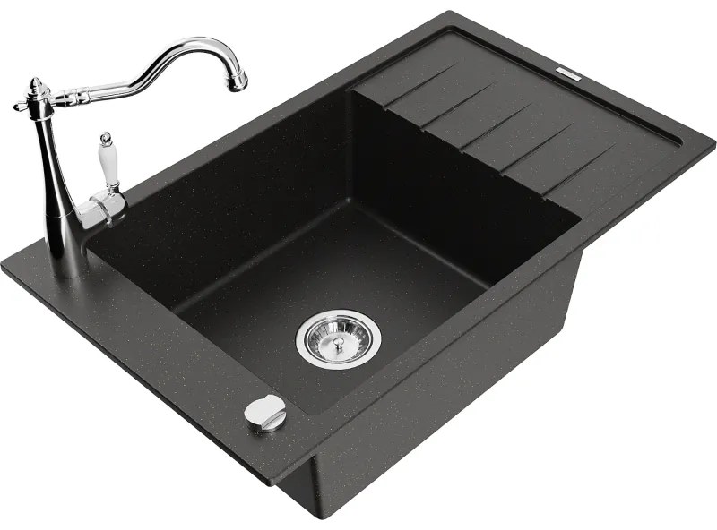 Mexen Elias, granitový drez 795x480x200 mm, 1-komorový a drezová batéria Carla, čierna-zlatá metalíza, 6511-75-670700-00