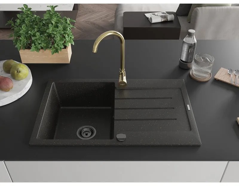 Mexen Bruno, 1-komorový granitový drez s odkvapkávačom 795x495x200 mm a chrómová kuchynská batéria Telma, čierna - zlatá metalíza, 6513-75-670200-50-B