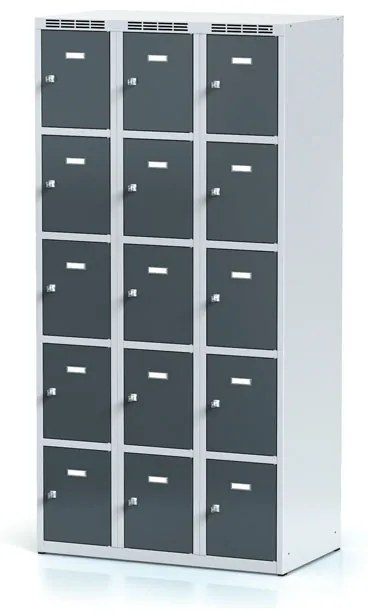 Alfa 3 Šatníková skrinka s úložnými boxami, 15 boxov, 1800 x 900 x 500 mm, cylindrický zámok, tmavosivé dvere