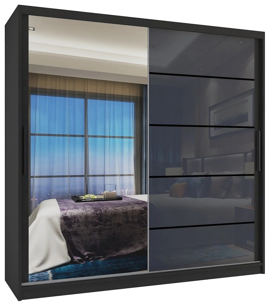 Šatníková skriňa 200 cm Belini čierny maý / šedý lesk s posuvnými dverami zrkadlom a zásuvkami  MGB SZP5/1/B/1L5S/KLP