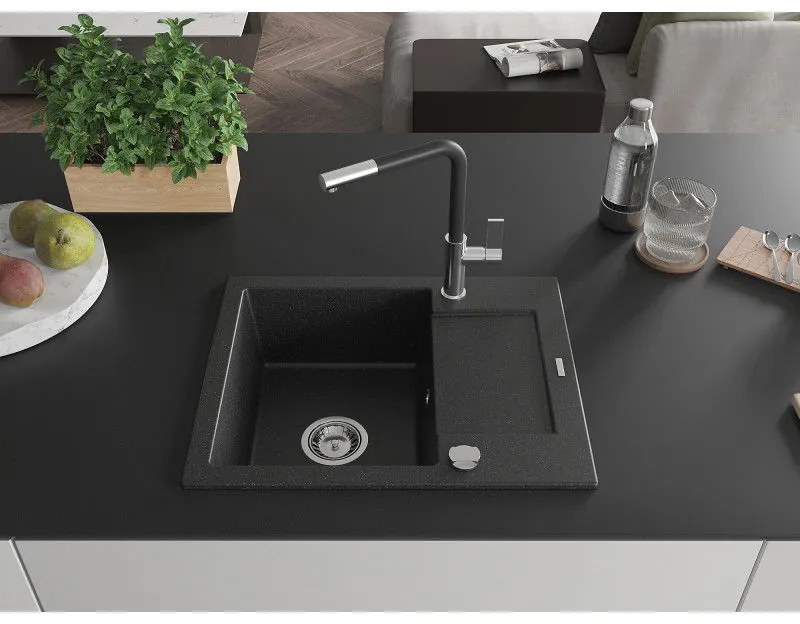 Mexen Enzo, 1-komorový granitový drez 576x465x174 mm a drezová batéria Flora, čierna-strieborná metalíza, 6506-73-670401-07