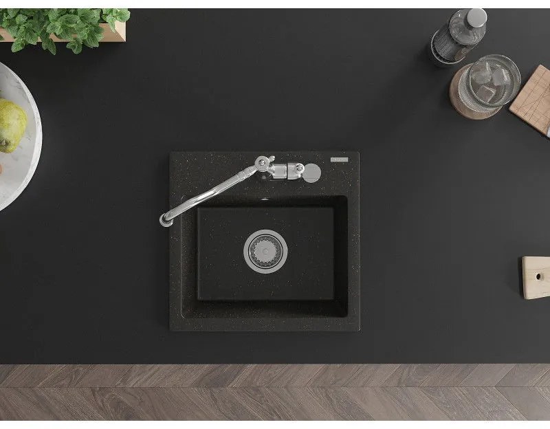 Mexen Milo, granitový drez 435x410x171 mm, 1-komorový a drezová batéria Carla, čierna-zlatá metalíza, 6505-75-670700-00
