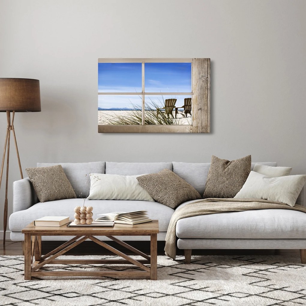 Obraz - Okno v výhľadom na pláž (90x60 cm)