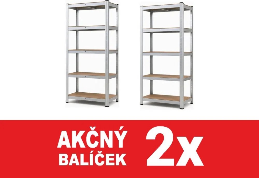 Akcia 2x Regál 180x60x40 cm pozinkovaný 5-policový, nosnosť 875 kg - 2ks