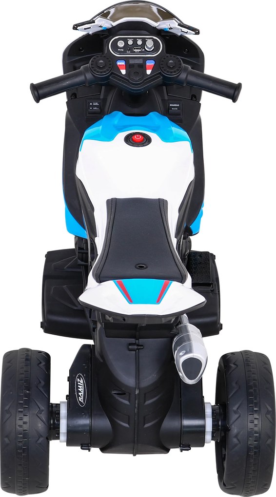 Ramiz BMW HP4 Detský motocykel na batérie Modrá + 3 kolieska + LED + MP3 USB + Eco koža