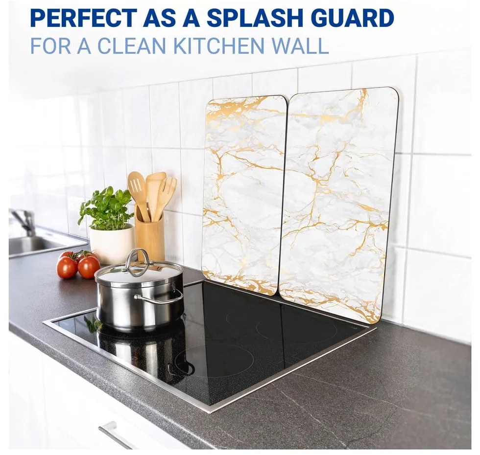 Sada 2 sklenených krytov na sporák v bielo-zlatej farbe Wenko Marble, 52 x 30 cm