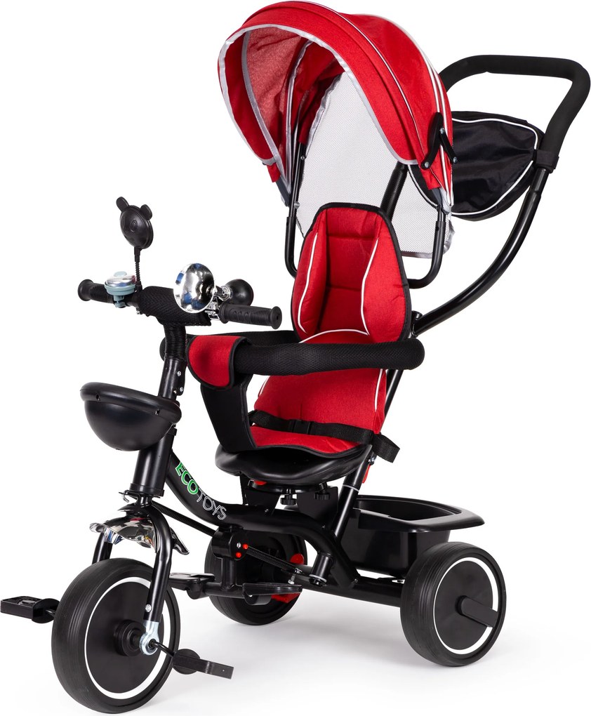 ECOTOYS trojkolka pre deti 1–4 roky, otočné sedadlo 360°, skladacia strieška, s rukoväťou