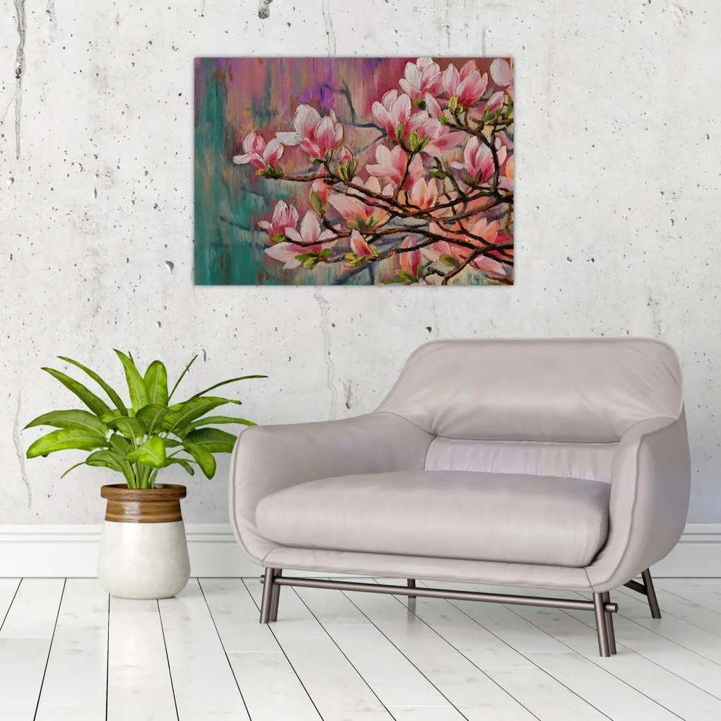 Sklenený obraz - Olejomaľba, Rozkvitnutá sakura (70x50 cm)