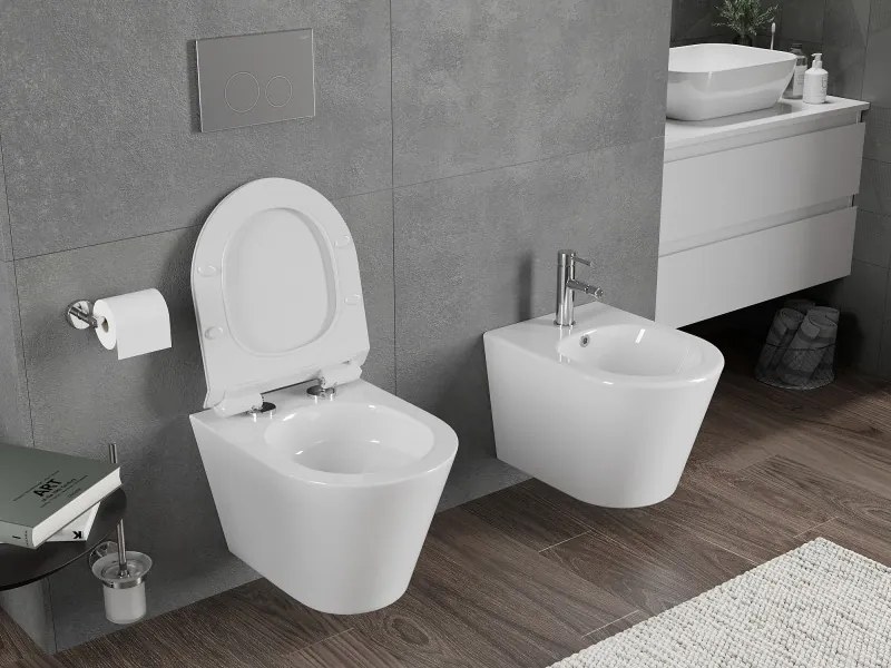 Mexen Rico, závesná WC misa 490x360x370 mm, Rimless Tornádo + WC sedadlo z duroplastu, biela lesklá, 30720100T