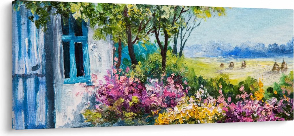 Obraz záhradky pred domom, olejomaľba (120x50 cm)