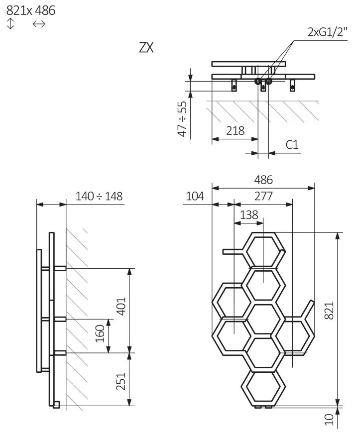 Terma Hex 821x486 vodný radiátor Soft 9005 ZX