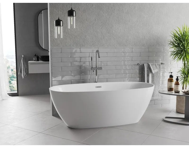 Mexen Luvo Slim, voľne stojaca vaňa 170 × 75 cm, biela lesklá, chrómový prepad, 52801707500-01