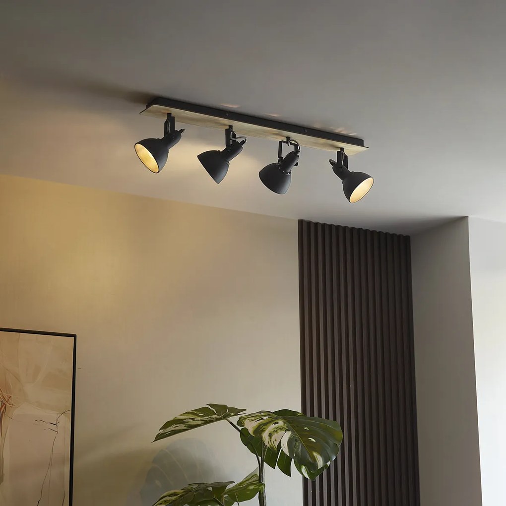 Stropný reflektor čierny s drevom 4-svetlá otočný a naklápací - Jakub