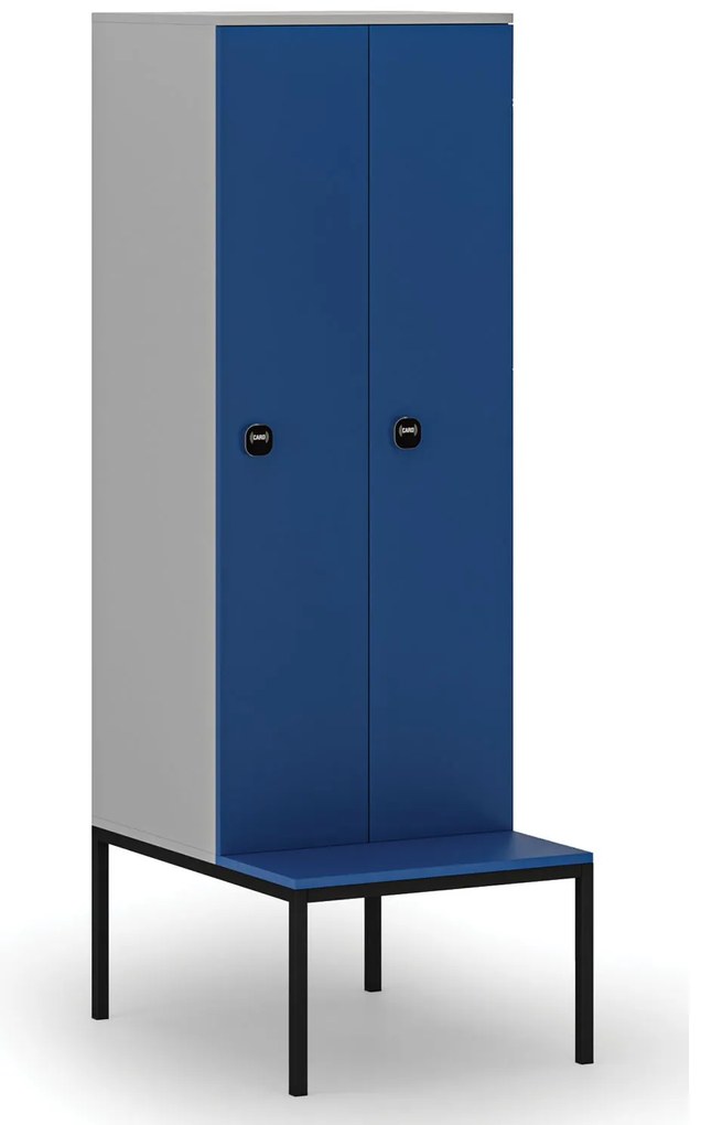 Drevená šatníková skrinka s lavičkou, 2 oddiely, 1871 x 600 x 500/800 mm, demont, RFID zámok, sivá / modrá