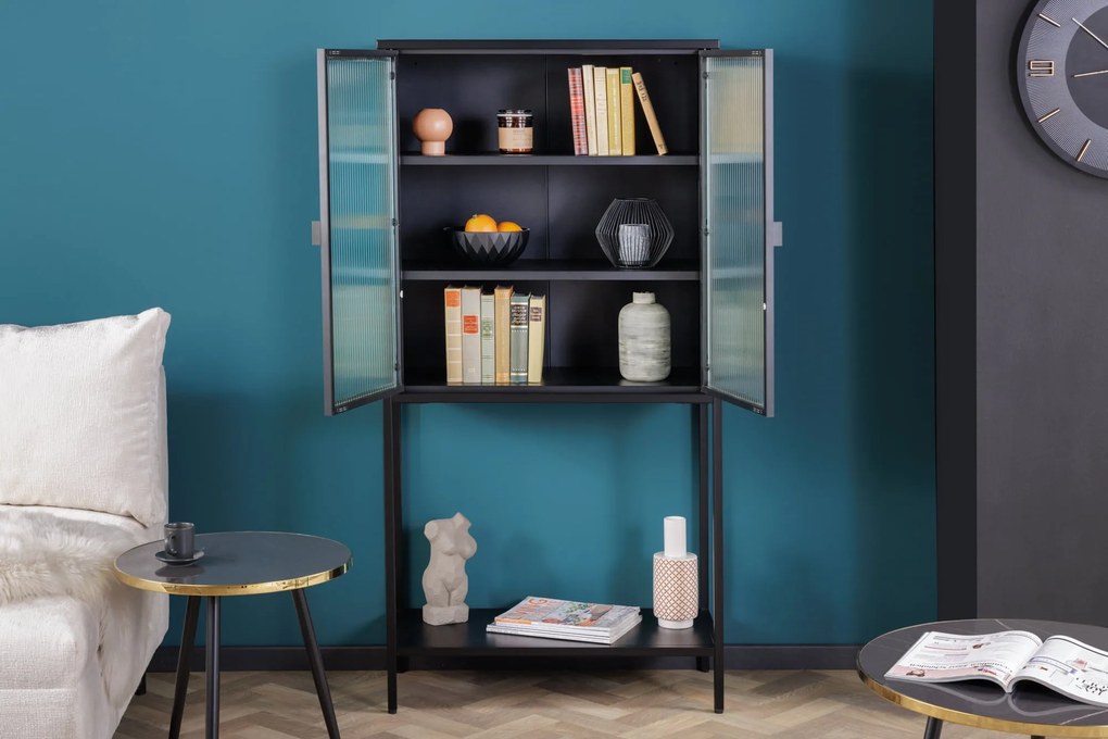 Vitrína Dura Steel 150cm čierne rebrované sklo