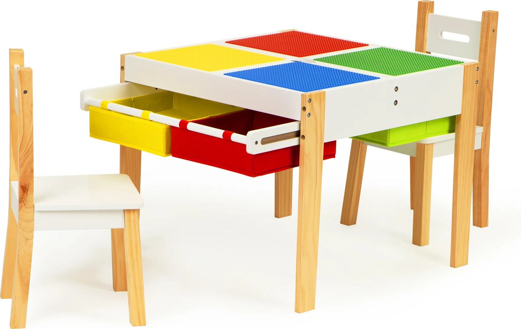 Detský drevený stôl s 2 stoličkami ECOTOYS – otočný blat, 4 úložné priehradky