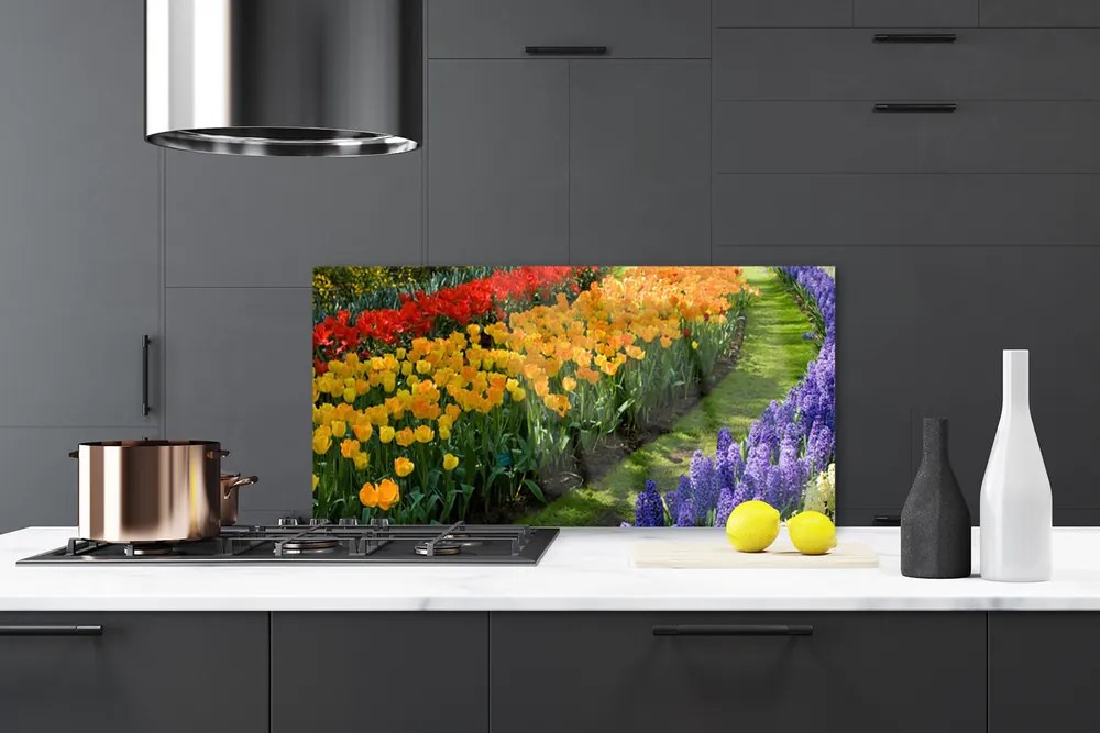 Sklenený obklad Do kuchyne Kvety záhrada tulipány 120x60 cm