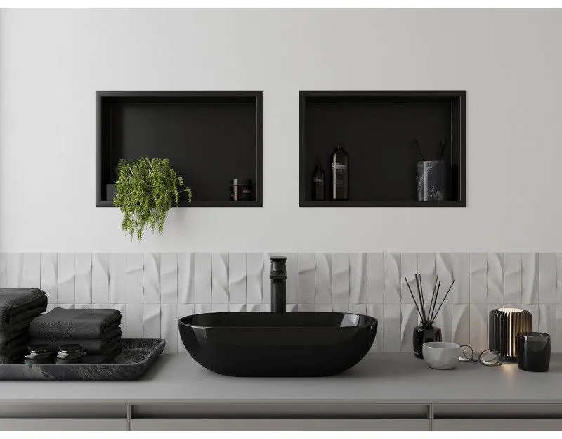 Mexen X-Wall-R, polička na zapustenie na obklad s golierom 45 x 30 cm, čierna matná, 1970453010