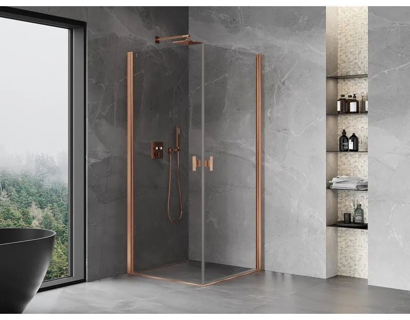 Mexen Mist-B Duo, 2-krídlový výklopný sprchový kút 75 x 75 cm, číre sklo, medený matný profil, 8A2-075-075-65-00