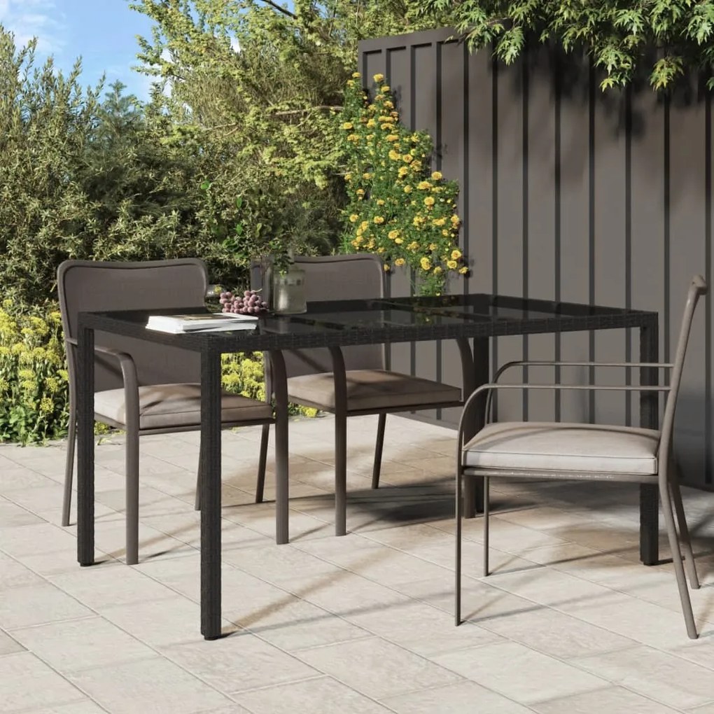 vidaXL Záhradný stôl 150x90x75 cm tvrdené sklo a polyratan čierny