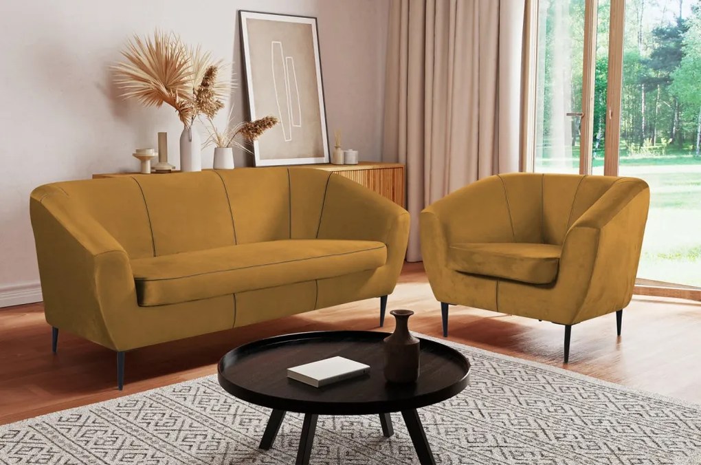 Trojmiestna pohovka Olivio, horčicovo žltá zamatová látka