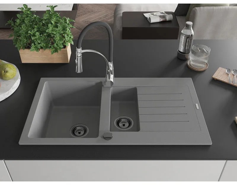 Mexen Matias, granitový drez 900x505x200 mm, 1,5-komorový a drezová batéria Aster, šedá, 6502-71-73450-07-B