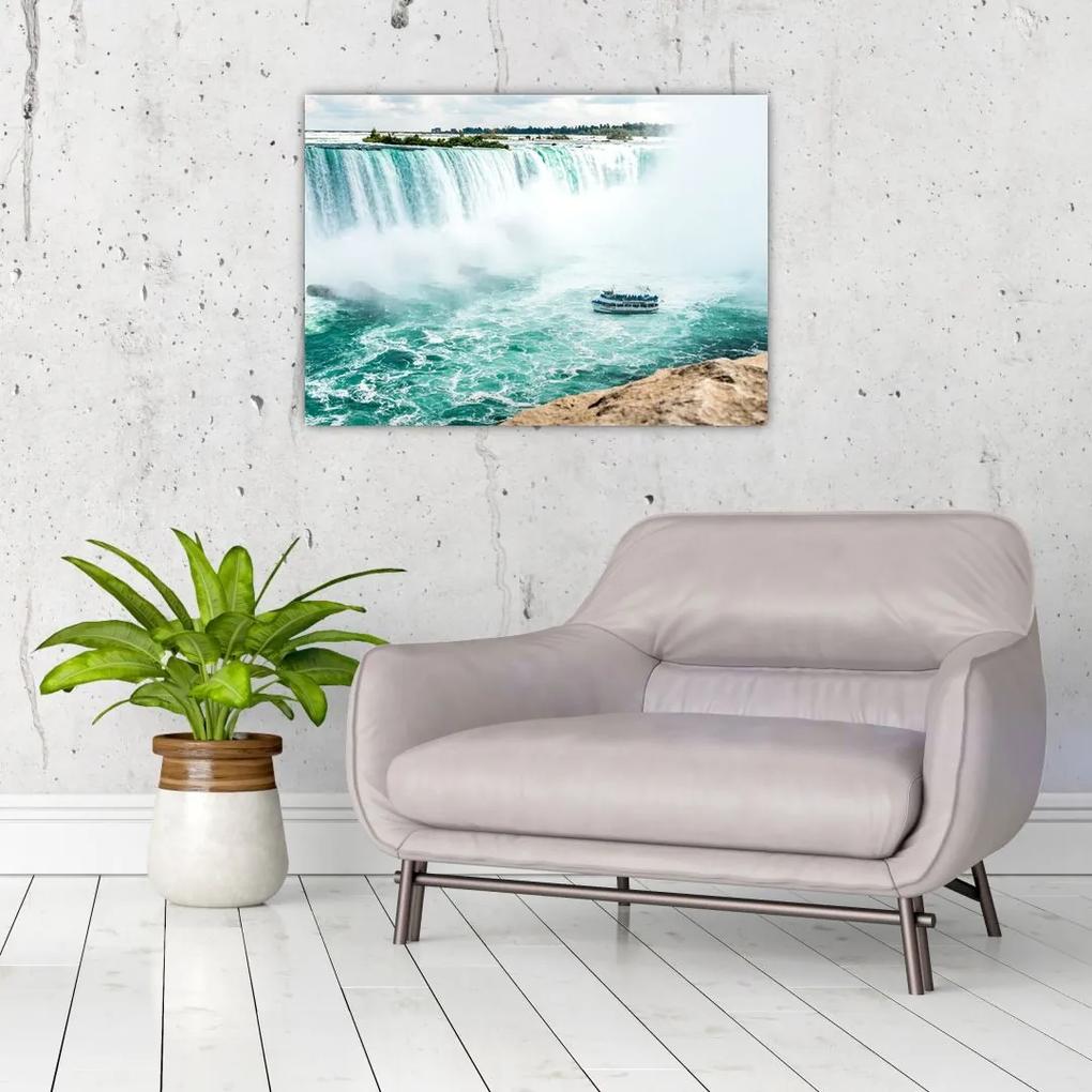 Sklenený obraz vodopádov s loďou (70x50 cm)