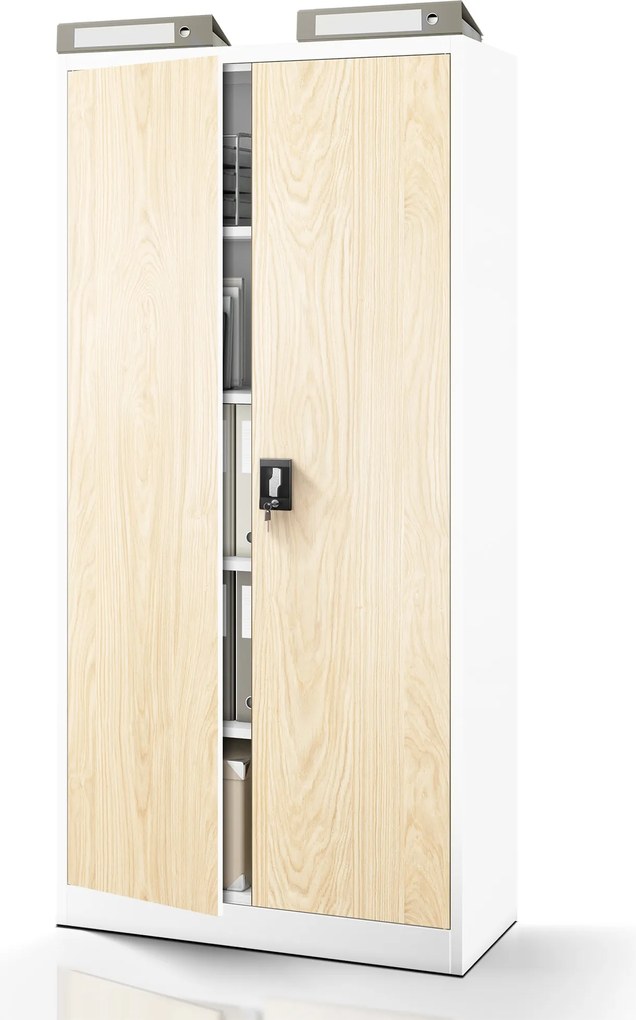 Kovová spisová skriňa JAN, 900 x 1850 x 400 mm, Eco Design: biela/ dub sonoma