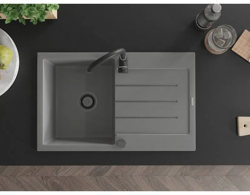 Mexen Bruno, 1-komorový granitový drez s odkvapkávačom 795x495x200 mm a čierna kuchynská batéria Telma, šedá, 6513-71-670200-70-B
