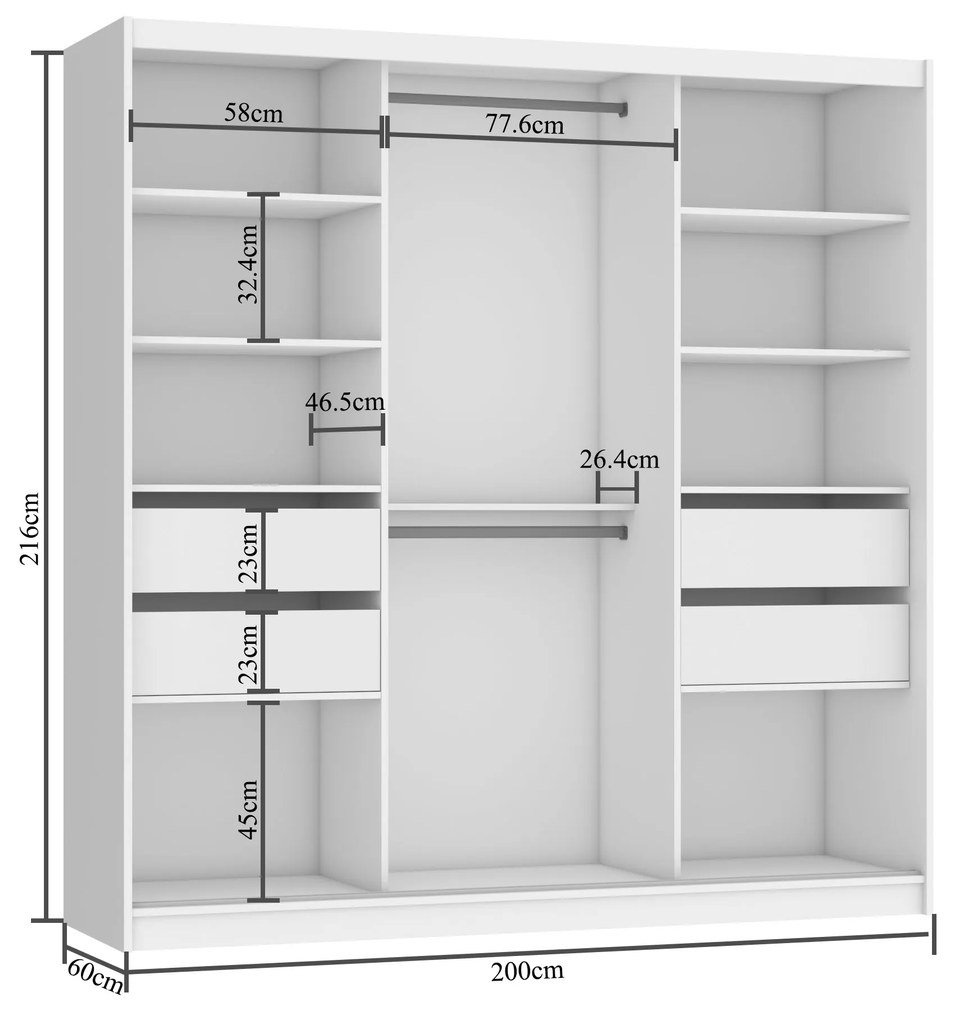 Šatníková skriňa 200 cm Belini biely mat / dub wotan s posunými dverami zrkadlom a zásuvkami MT SZP5/1/W/DW/0/KLAL
