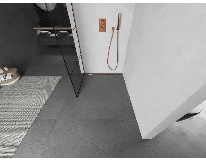 Mexen Kioto L, sprchová zástena Walk-In 90 x 200 cm, 8mm číre sklo čierny vzor, medený matný profil, 800-090-103-65-77