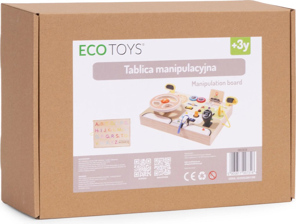 ECOTOYS LED senzorická drevená manipulačná doska pre deti vzdelávací panel auto volant 14 prvkov
