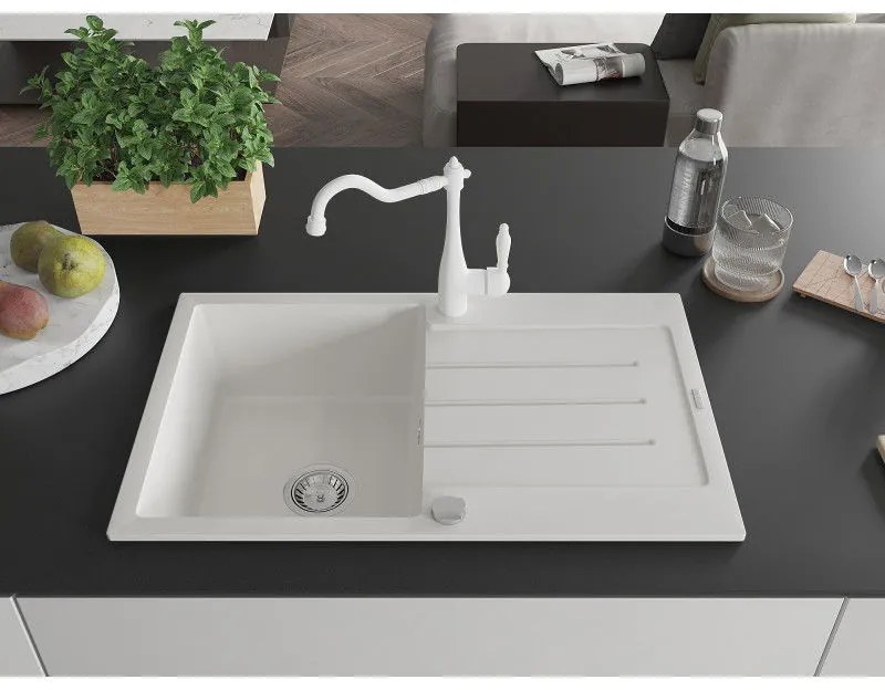 Mexen Bruno, granitový drez 795x495x200 mm, 1-komorový a drezová batéria Carla, biela, 6513-20-670700-20
