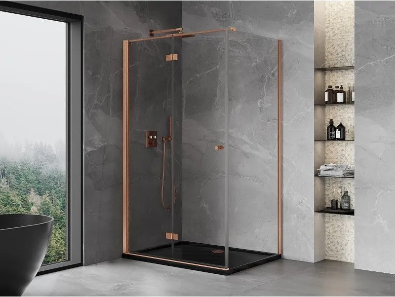 Mexen Mist-F T, 1-krídlový skladací sprchový kút ľavý 90 x 95 cm, číre sklo, medený matný profil, 8A6T-090-095-65-00-L